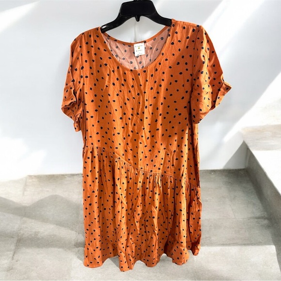 By Together Flowy Knee Length Polka Dot Dress Size L Organge Navy Blue Ruffle - Picture 1 of 6